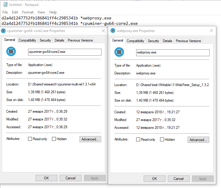 So, webproxy.exe is actually cpuminer-gw64-core2.exe