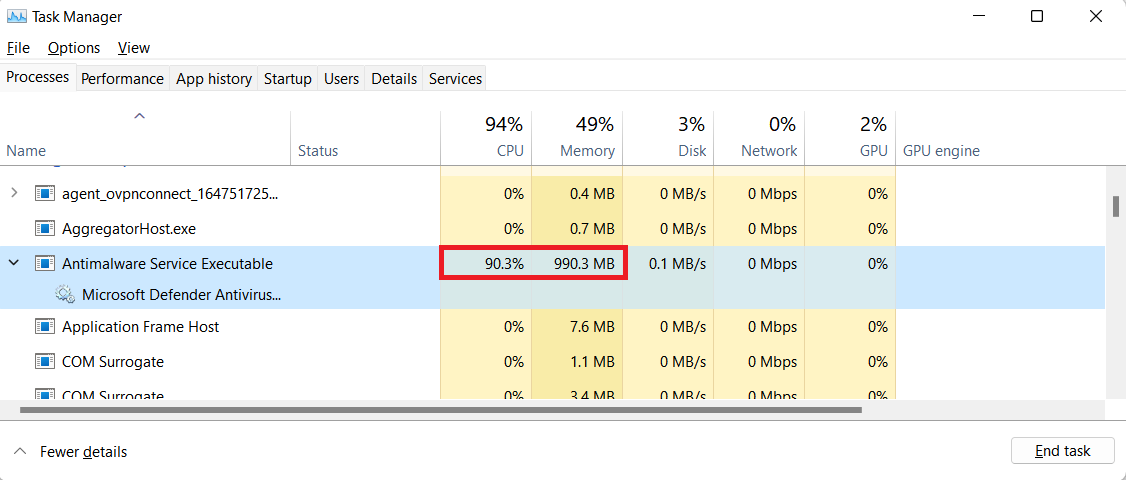 Antimalware service executable high cpu