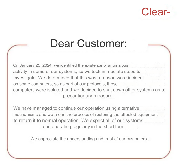 Claro ransomware attack note