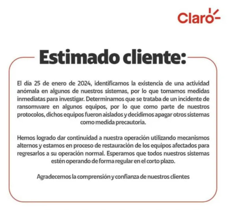 Claro ransomware attack note