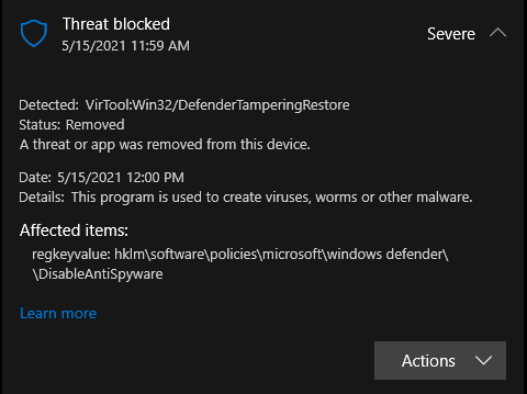 VirTool:Win32/DefenderTamperingRestore - Detection