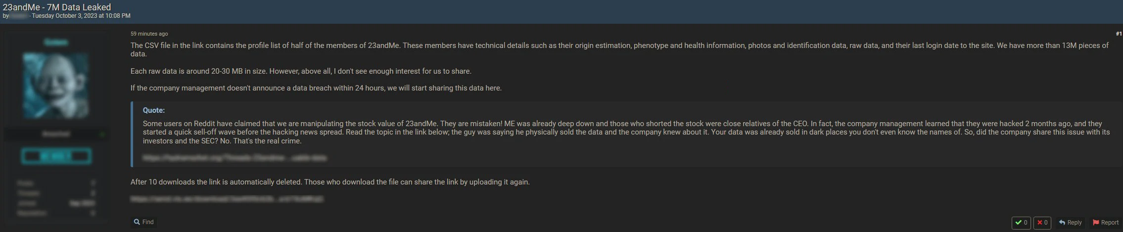 The post of 23andMe data on the BreachForums site screenshot