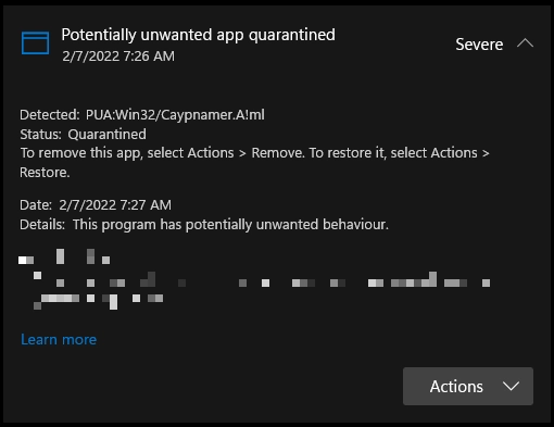 PUA:Win32/Caypnamer.A!ml detection screenshot