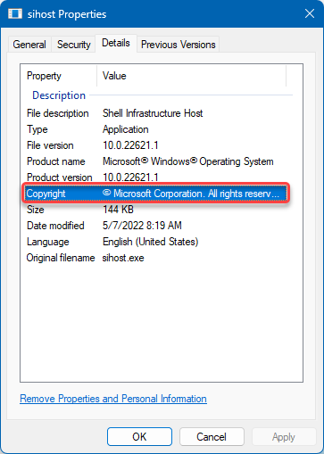 Microsoft Corporation before copyright in Sihost.exe properties