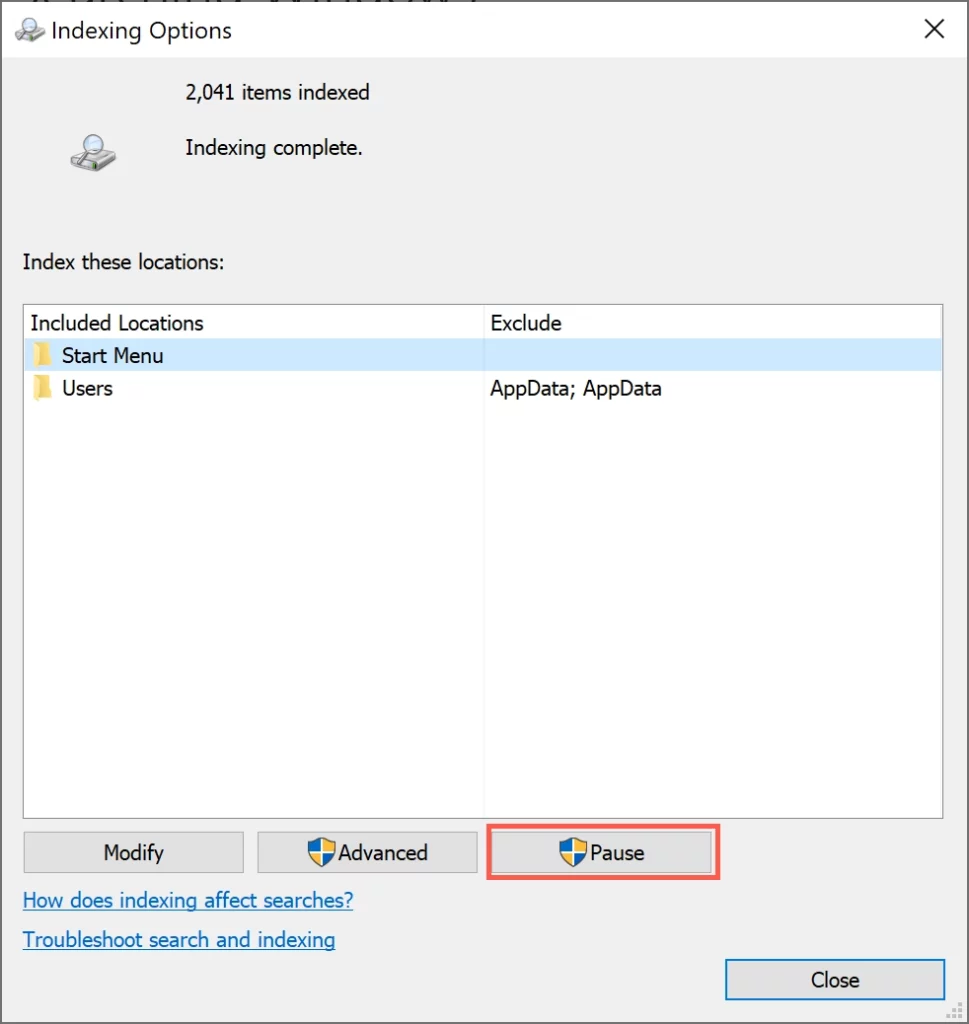 Pause the SearchHost indexing process