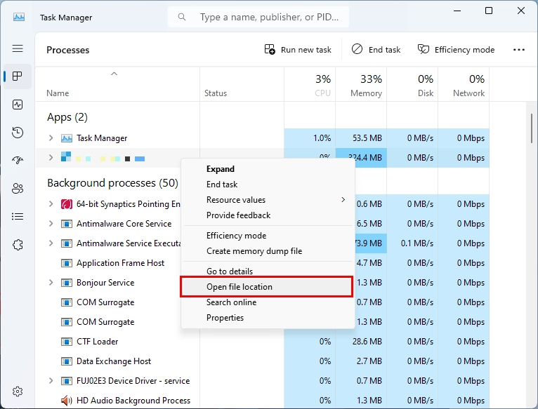 Process menu in the Task Manager