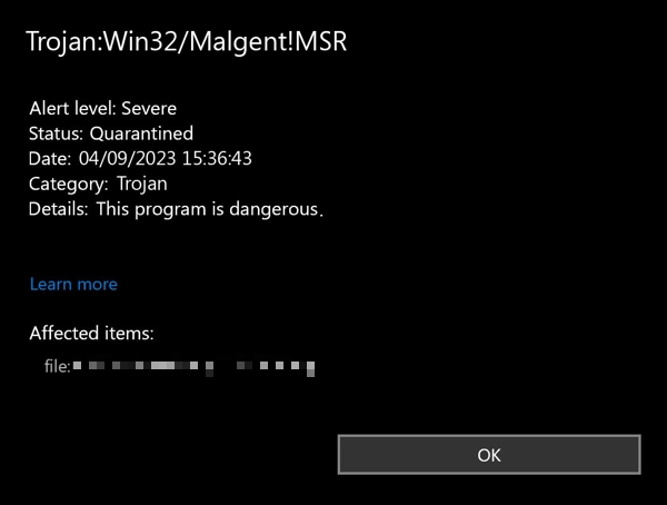 Trojan:Win32/Malgent!MSR detection screenshot