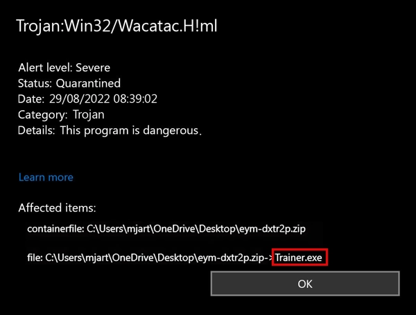 Trojan:Win32/Wacatac.H!ml detection notification screenshot