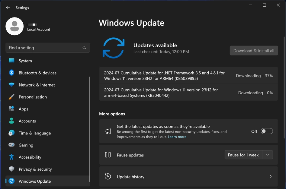 Windows Updates menu screenshot