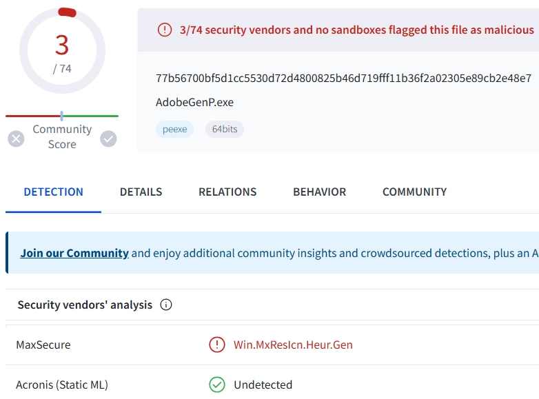 Virustotal detection Win.MxResIcn.Heur.Gen