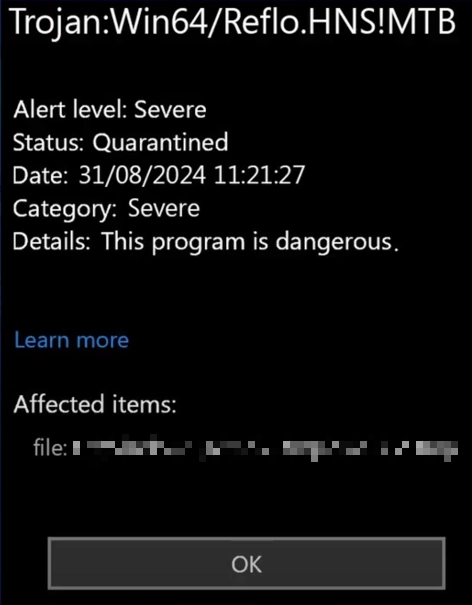 Win64/Reflo.HNS!MTB detection popup screenshot